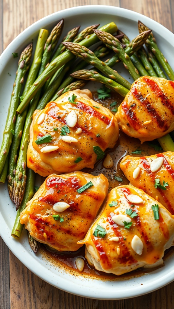 Apricot mustard glazed chicken thighs served with asparagus