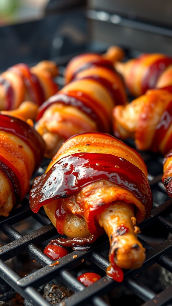 BBQ bacon-wrapped chicken drumsticks grilling on a barbecue
