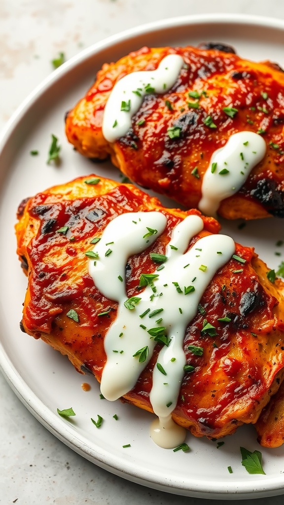 A plate of barbecue ranch chicken breasts drizzled with ranch dressing and garnished with parsley.