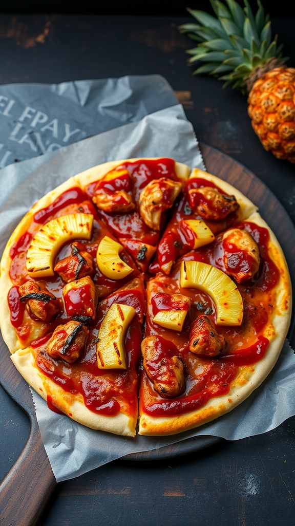 BBQ Chicken Pizza with Pineapple on a wooden board