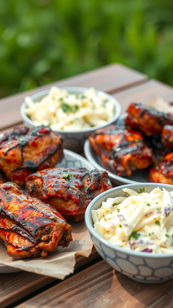Delicious BBQ chicken thighs served with coleslaw