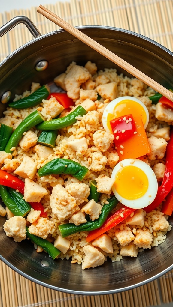 A close-up of a skillet with chicken fried rice, featuring chicken pieces, bell peppers, and sauce being prepared.