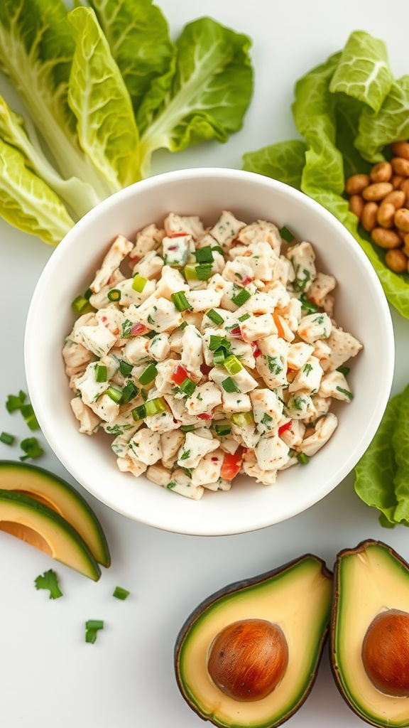 A bowl of Keto Chicken Salad surrounded by avocados and lettuce.