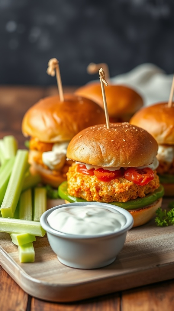 Buffalo chicken burger sliders with celery and ranch dressing