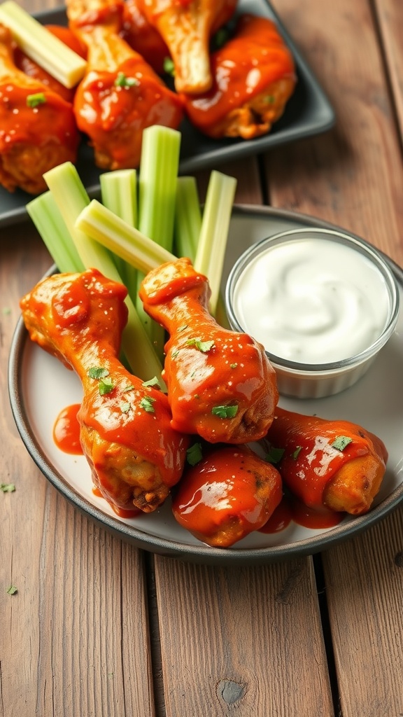 Buffalo style chicken drumsticks with celery and ranch dressing
