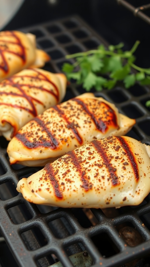 Grilled Cajun spiced chicken breasts on a grill
