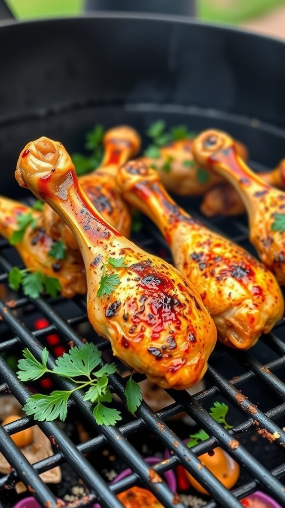 Cajun spiced chicken drumsticks on a grill