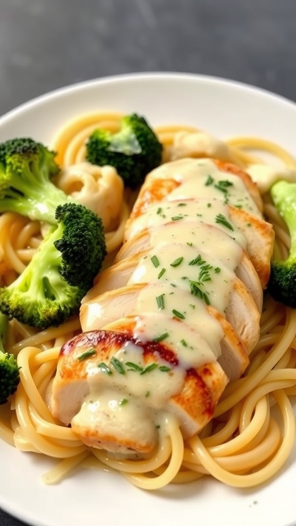 A plate of chicken alfredo with broccoli and noodles