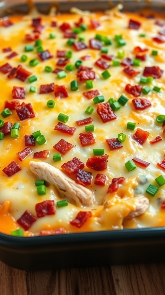 A delicious Chicken Bacon Ranch Casserole topped with green onions and crispy bacon.