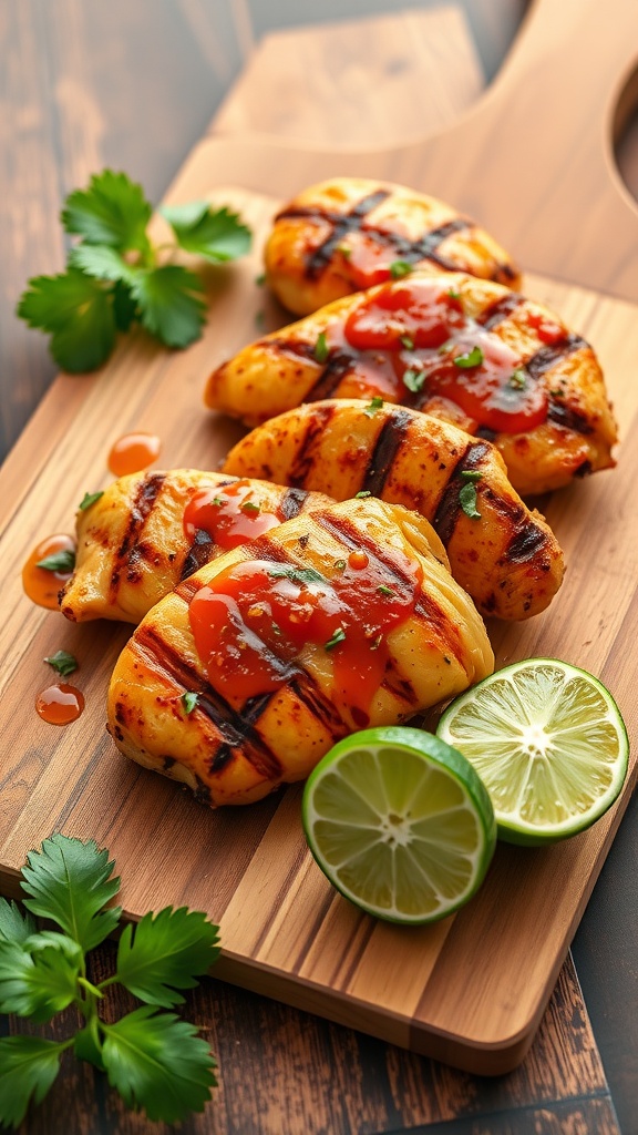 Delicious grilled chicken breasts topped with sauce and garnished with lime and cilantro.