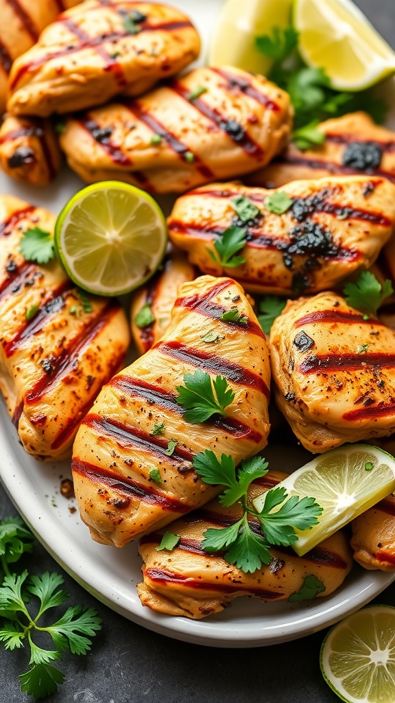 Cilantro Lime Grilled Chicken served with lime wedges and fresh cilantro