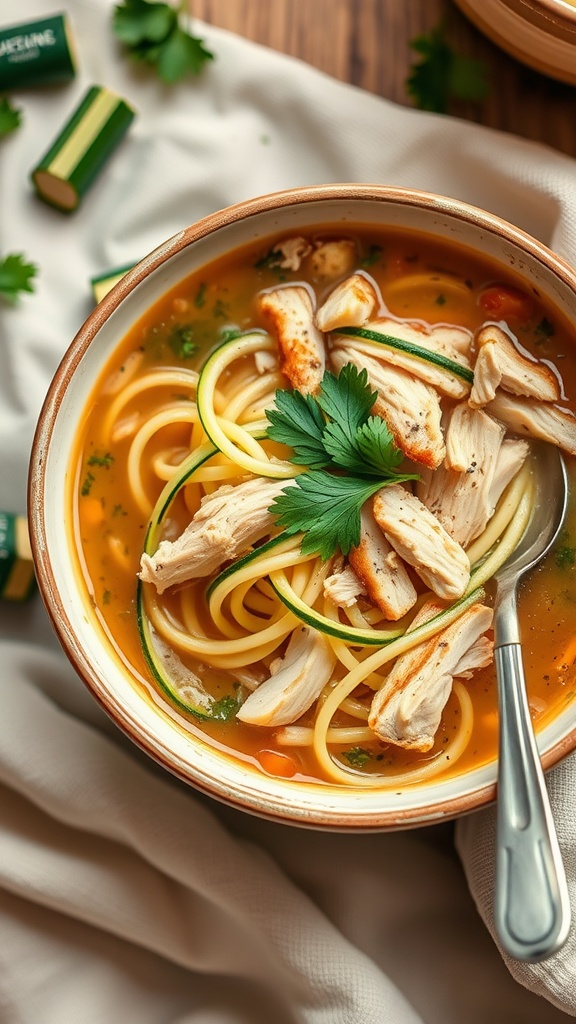 A bowl of Keto Chicken Noodle Soup with chicken, zucchini noodles, and herbs.