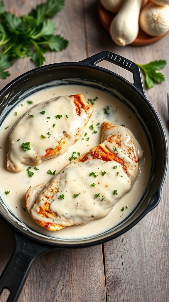 A skillet containing creamy garlic chicken with fresh parsley on top.