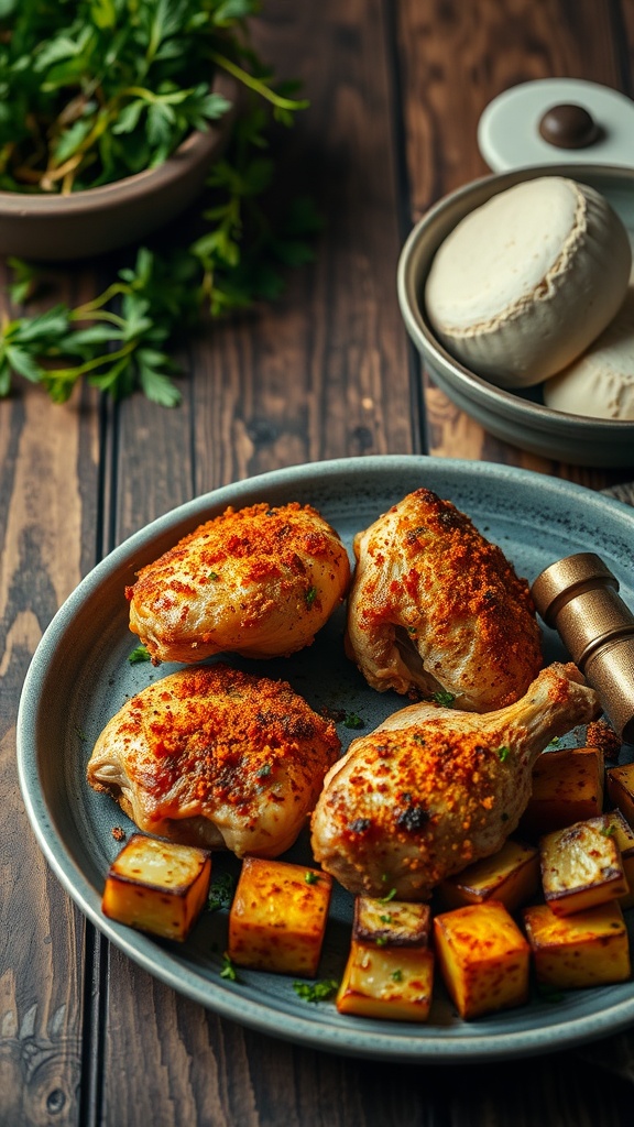 A plate of crispy baked chicken thighs with paprika, garnished with parsley and served with roasted vegetables.