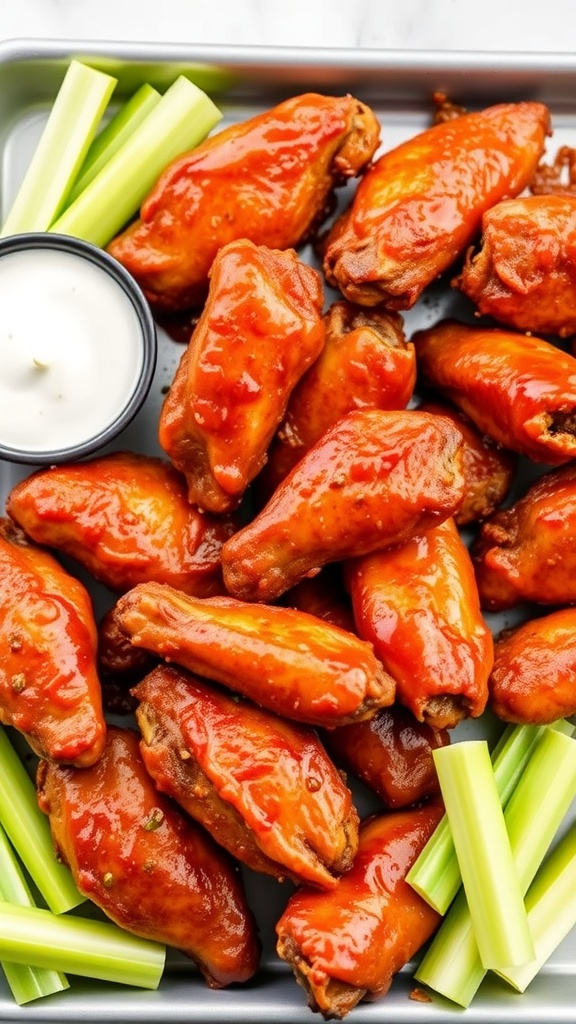 Crispy baked chicken wings garnished with celery sticks and ranch dressing.
