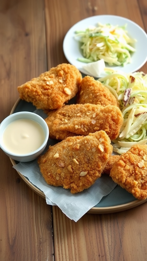 Plate of crispy keto fried chicken with a side salad and dipping sauce.