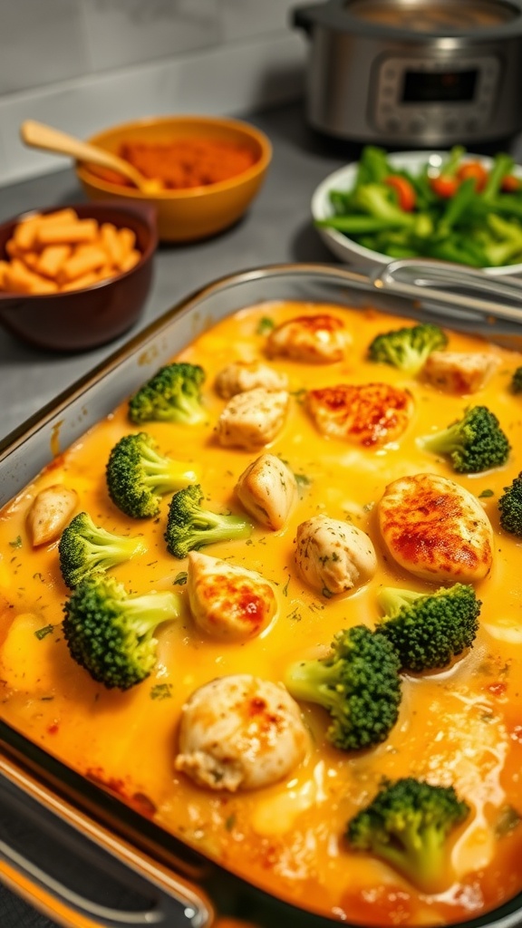 A delicious chicken casserole with broccoli topped with melted cheese, served with salad and carrot sticks in the background.