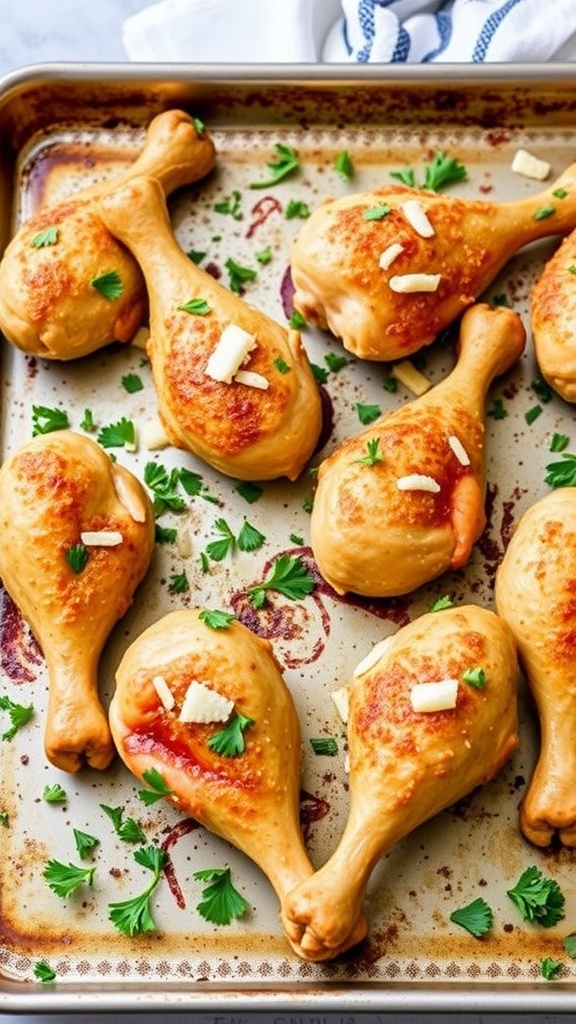 Garlic Parmesan Drumsticks on a baking tray, garnished with parsley
