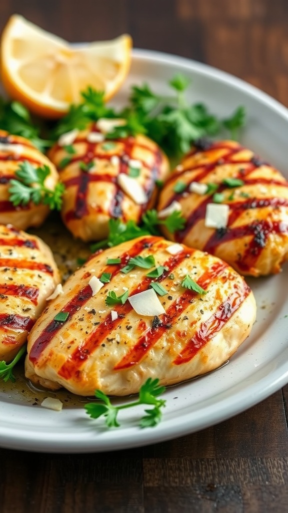 Grilled chicken breasts garnished with parsley and lemon slices.