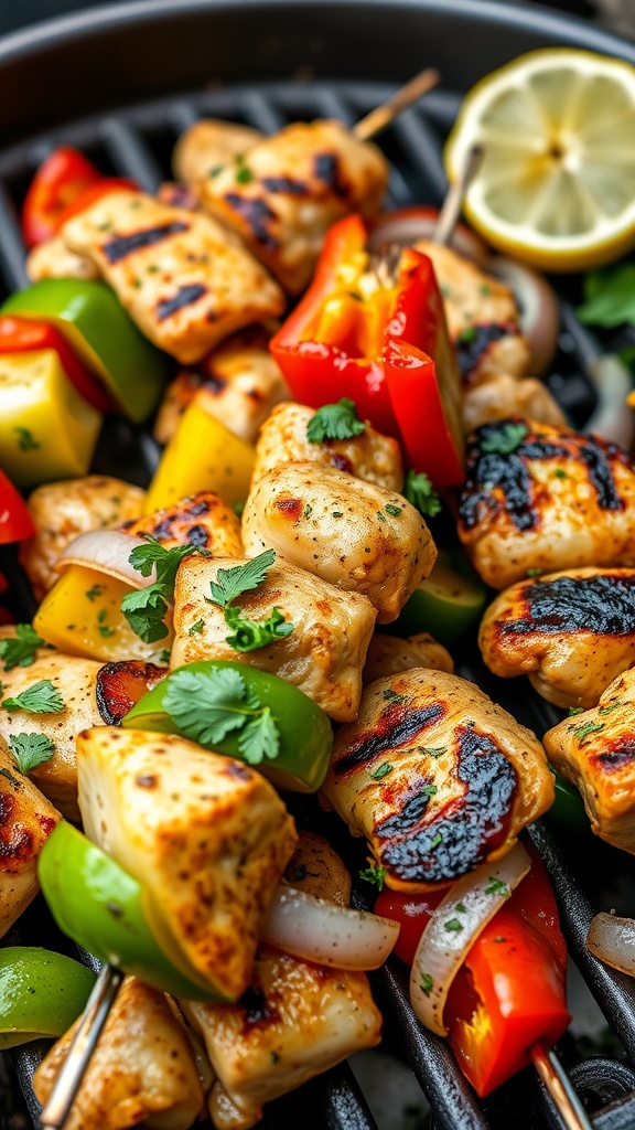 Greek Marinated Chicken Kebabs with colorful vegetables on skewers.