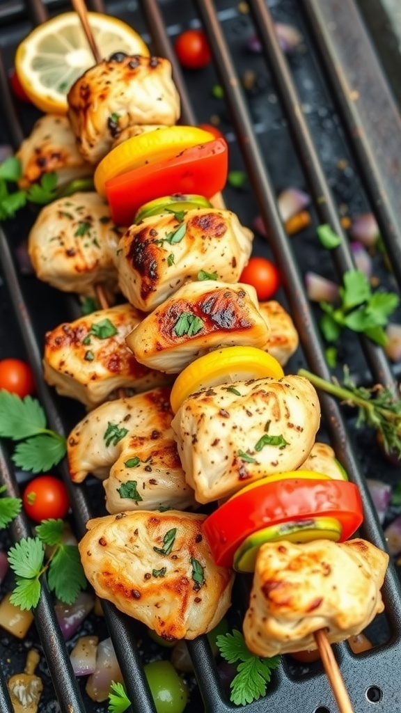 Grilled Lemon Herb Chicken Skewers displayed on a grill