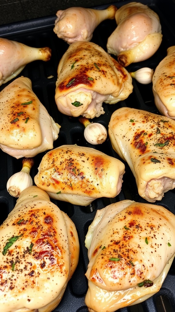 Grilled herbed garlic chicken leg quarters on a barbecue grill.