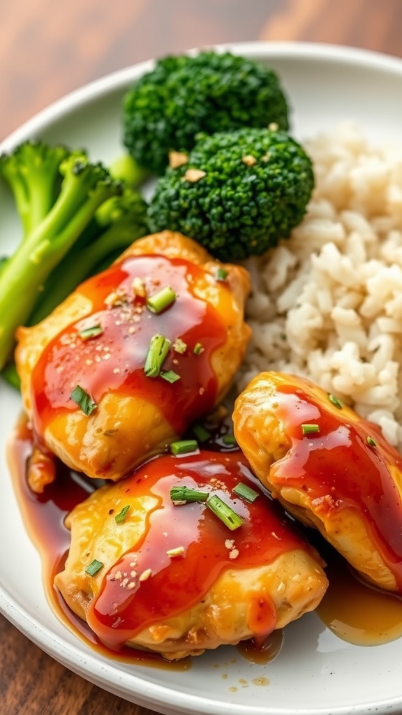 Honey Garlic Chicken Thighs with rice and broccoli