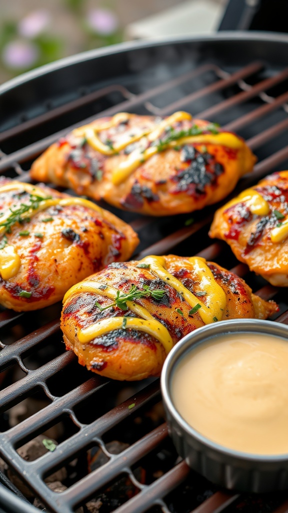 Honey mustard chicken breasts grilling on a barbecue with a side of dipping sauce.