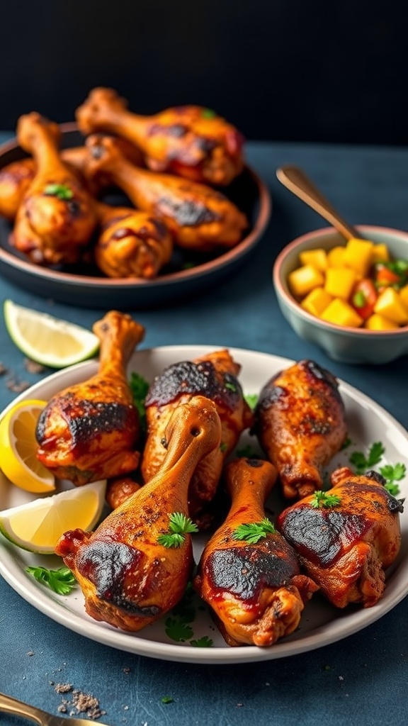 Jamaican jerk chicken drumsticks served with lime and cilantro