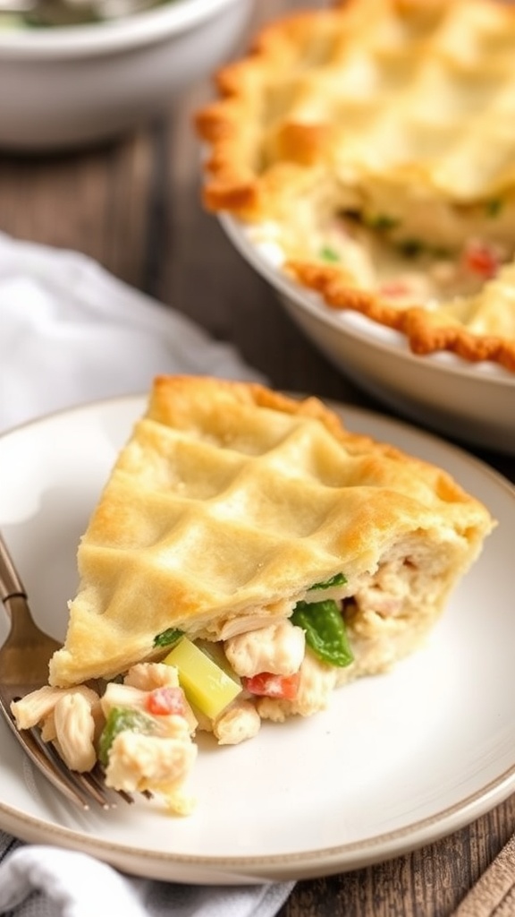 A slice of low-carb chicken pot pie on a plate, showcasing tender chicken and vegetables within a golden crust.