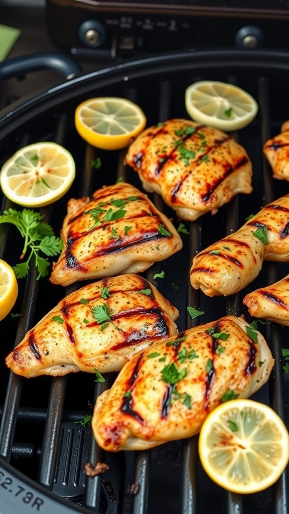 Grilled chicken thighs garnished with herbs and lemon slices.