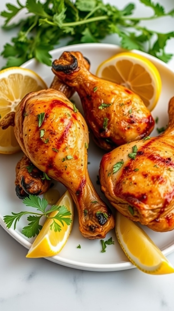 Grilled chicken drumsticks garnished with lemon and herbs.