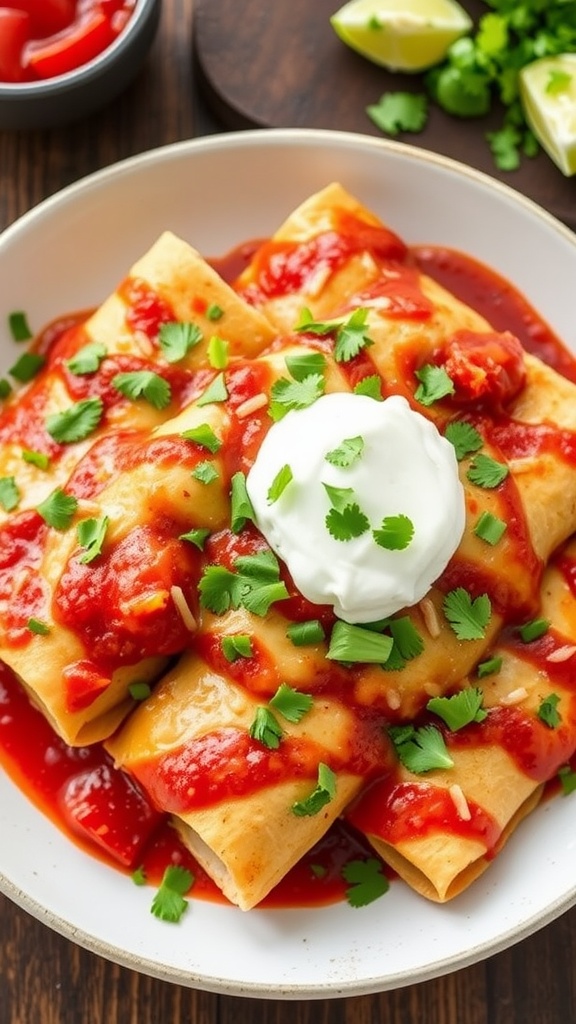 A plate of low-carb chicken enchiladas topped with sauce, cilantro, and sour cream.