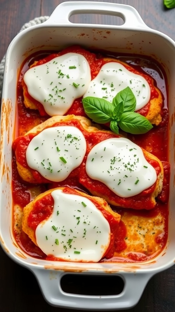 A delicious serving of Low-Carb Chicken Parmesan topped with melted mozzarella cheese and fresh basil.