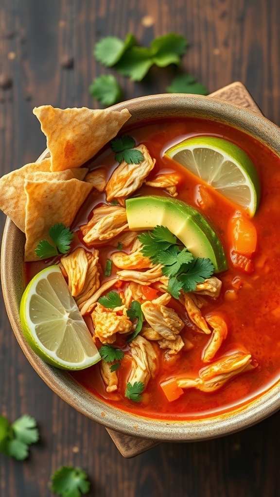 Bowl of low-carb chicken tortilla soup with lime, avocado, and tortilla strips