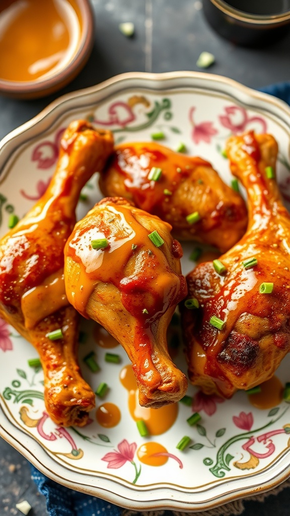 Maple mustard glazed chicken drumsticks on a decorative plate