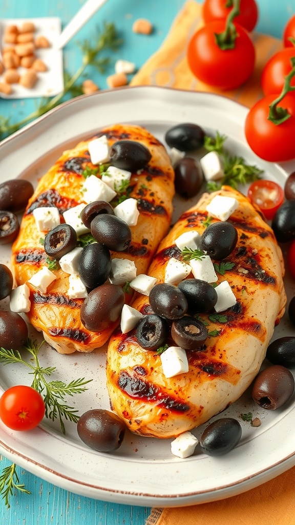 Grilled chicken breasts topped with olives and feta cheese on a plate