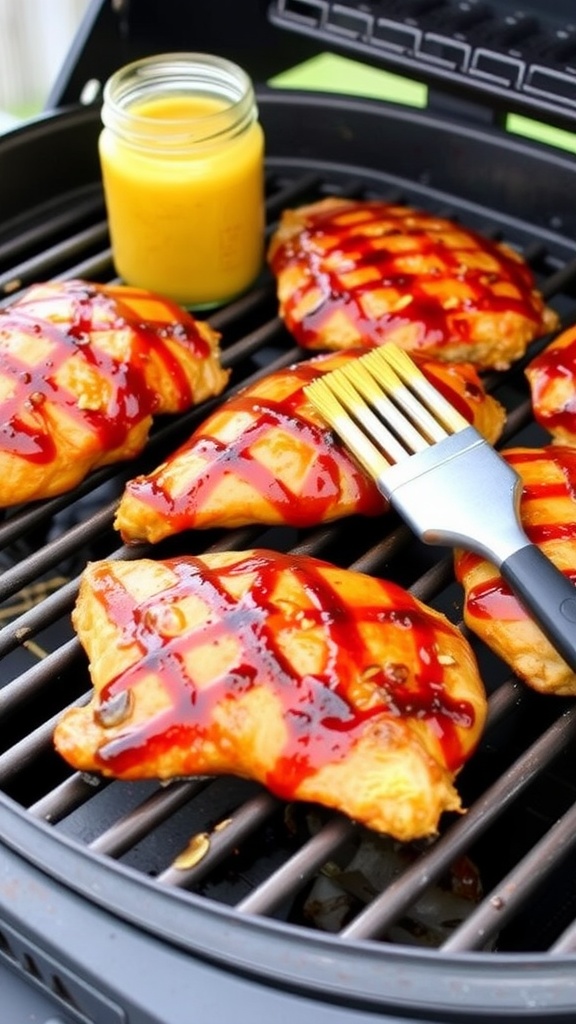 A jar of mustard next to grilled chicken breasts on a BBQ grill, showcasing the cooking process of mustard glazed BBQ chicken.