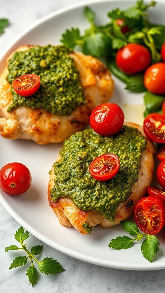 Delicious Pesto Chicken Thighs with Roasted Tomatoes served on a plate