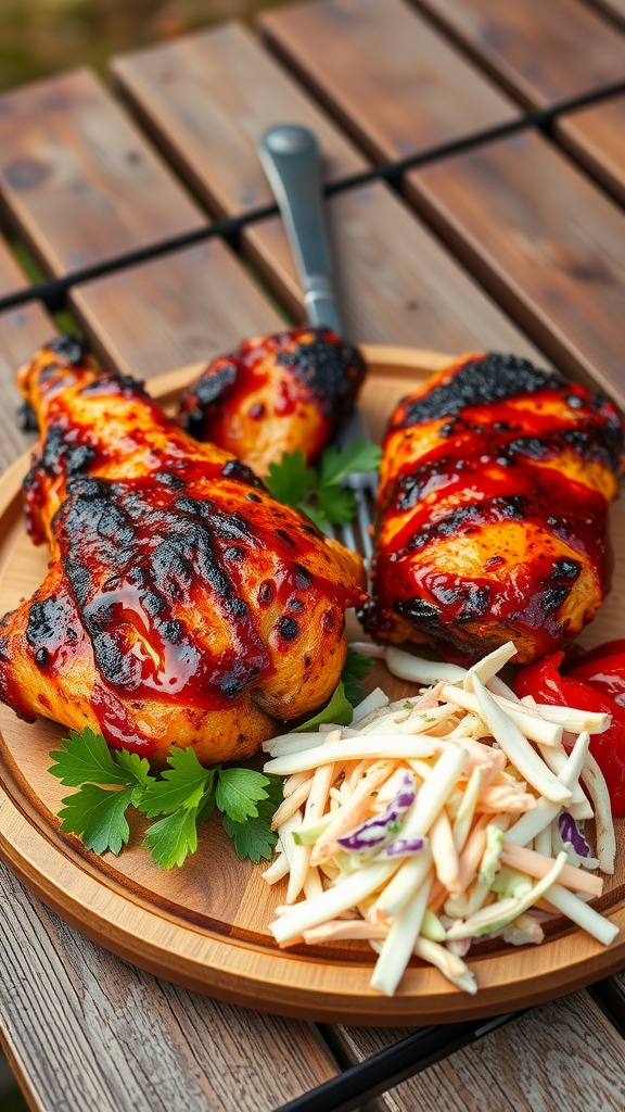 Smoky BBQ Chicken served with coleslaw on a wooden plate