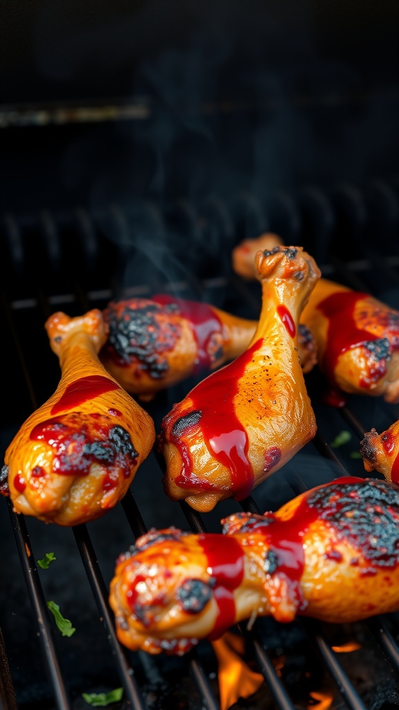 Smoky chipotle BBQ drumsticks grilling on a barbecue