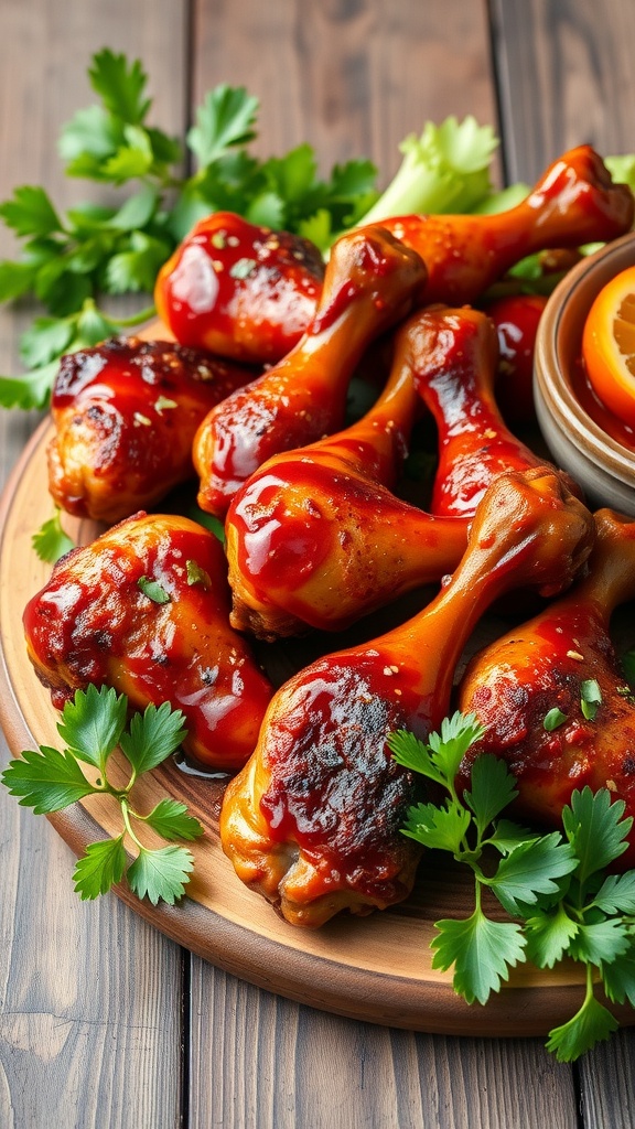 Spicy BBQ Chicken Drumsticks plated with garnishes