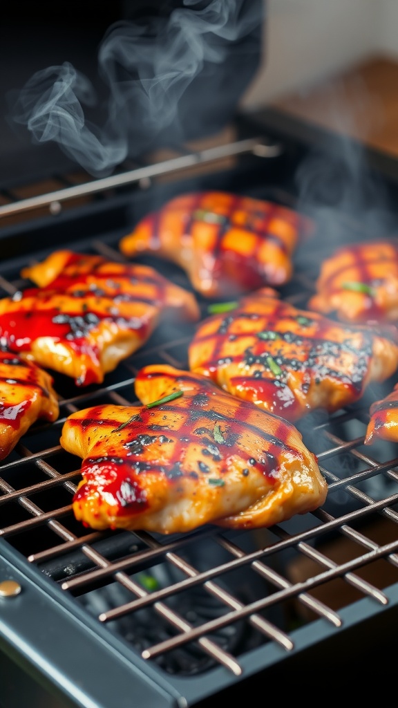 Juicy grilled chicken breasts with a spicy chipotle BBQ glaze on a grill.
