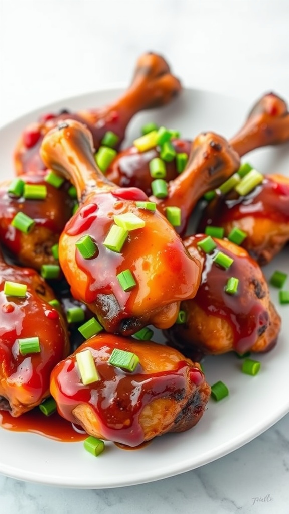 A plate of spicy honey garlic chicken drumsticks garnished with green onions.
