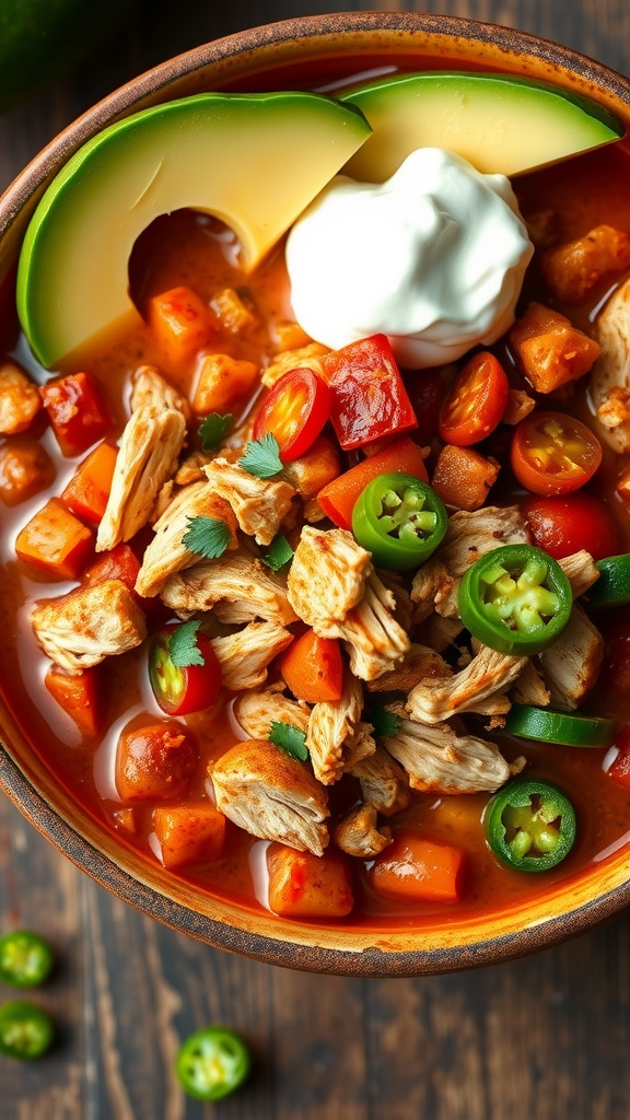A bowl of Spicy Keto Chicken Chili topped with avocado, sour cream, and jalapeños, showcasing colorful vegetables and shredded chicken.