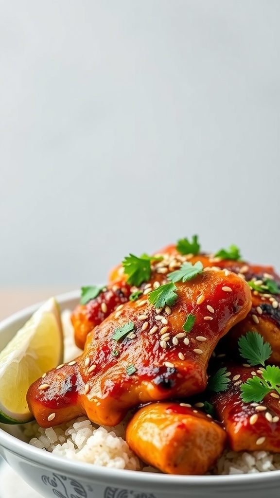A plate of Spicy Thai Chicken Thighs garnished with cilantro and sesame seeds, served on rice with lime wedges.