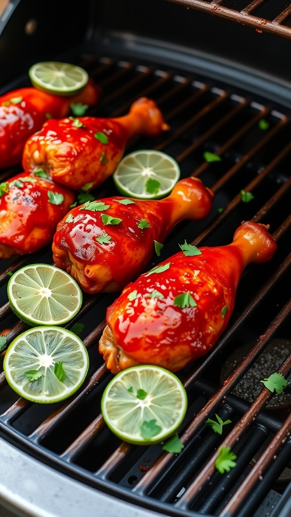 Grilled chicken drumsticks with Sriracha sauce and lime on a grill