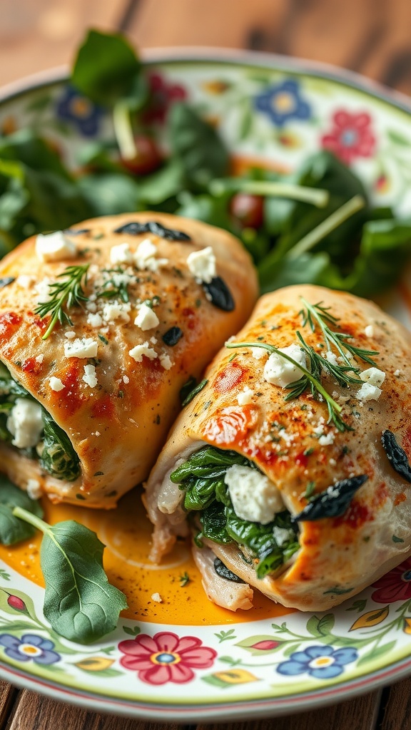 Plate of stuffed chicken thighs with spinach and feta, garnished with fresh herbs