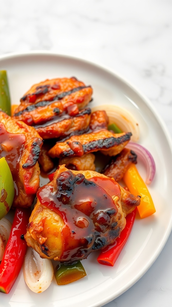 Delicious sweet and sour BBQ chicken served with colorful grilled vegetables.