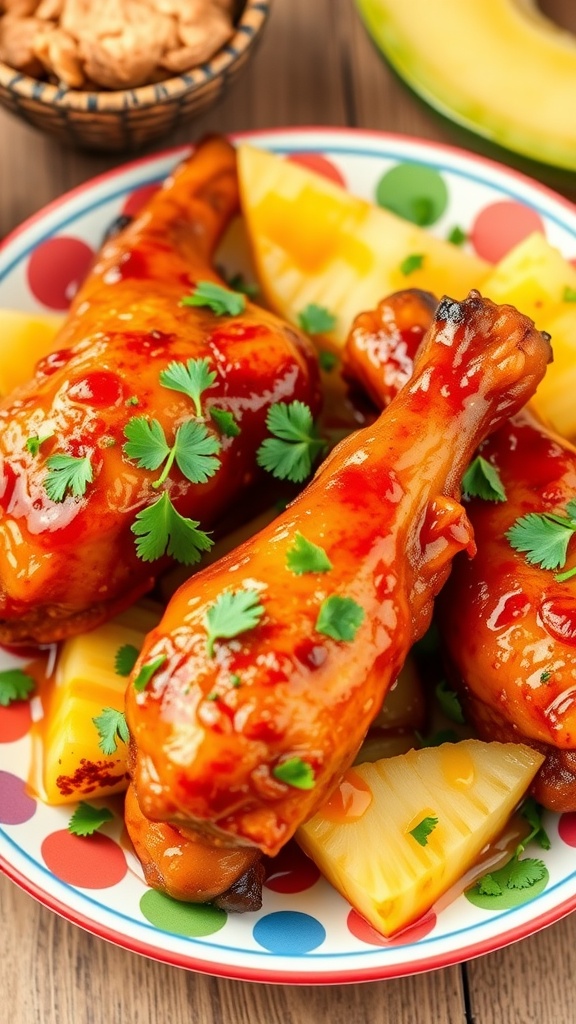 Delicious sweet and sour pineapple drumsticks garnished with cilantro and served with pineapple slices.